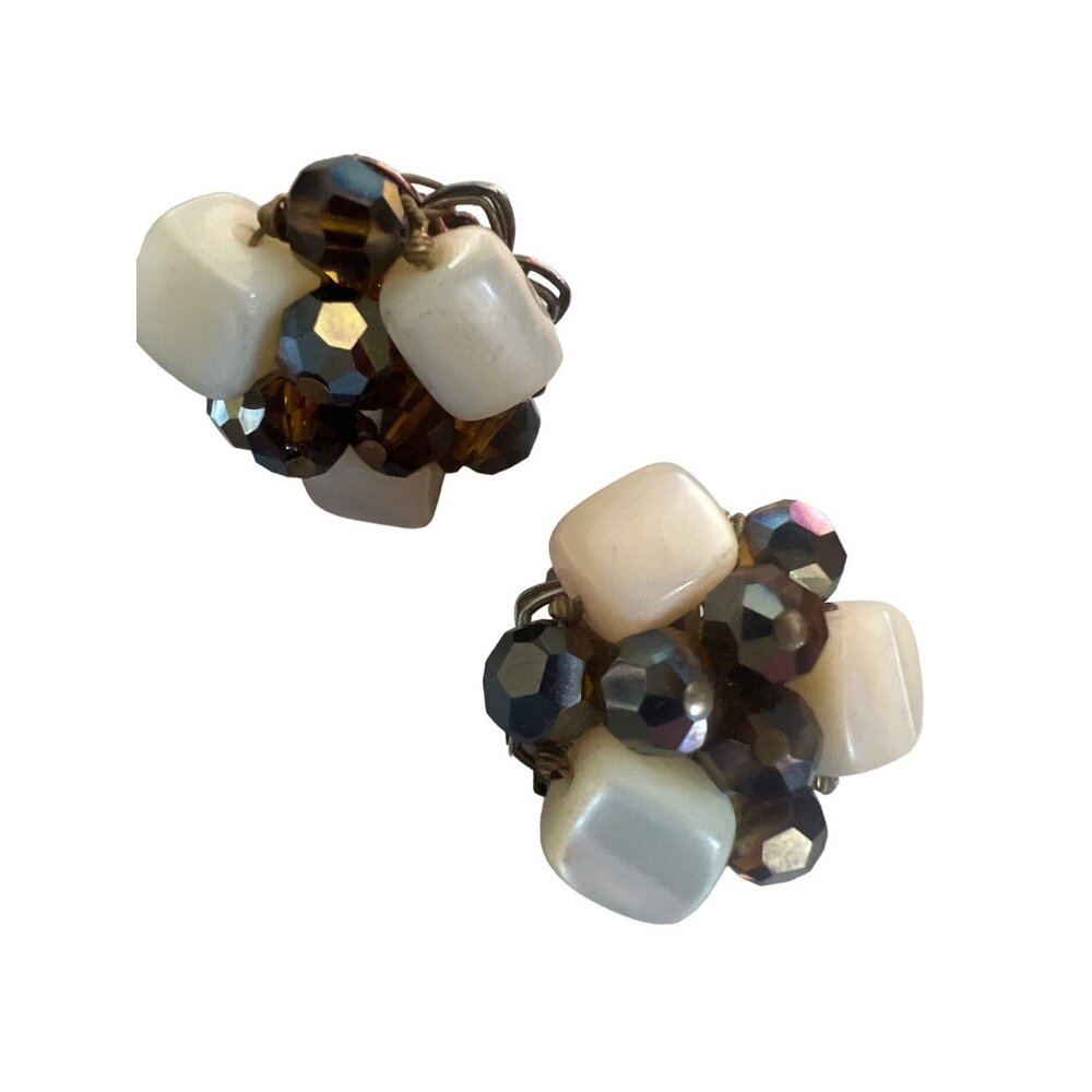 Vintage Clip-on Earrings AB MOP Haskell Era Filagree Back Smoky Quartz Look